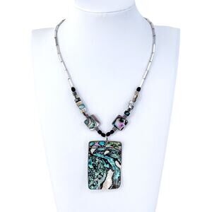 Vintage Sterling Silver 925 Abalone Ebony Pendant Necklace | 16.5"